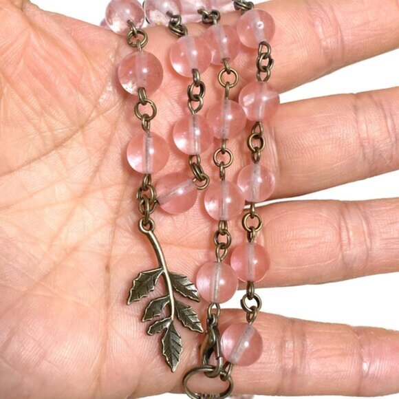 Cute Cherry Quartz Bronze Leaf Branch Pendant Adjustable Choker - Picture 16 of 16